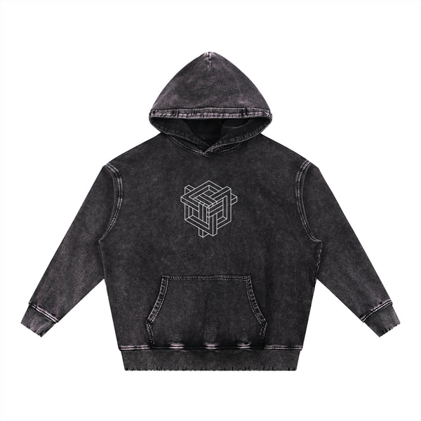 Black hoodie with geometric design on a white background